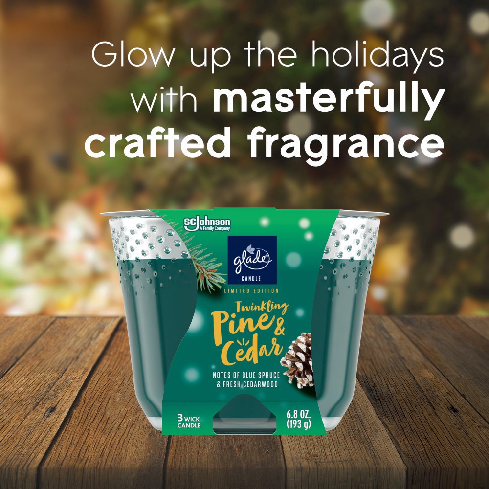 slide 2 of 6, Glade 3 Wick Scented Candle, Twinkling Pine & Cedar, Fragrance Infused with Essential Oils, 6.8 oz, 6.8 oz