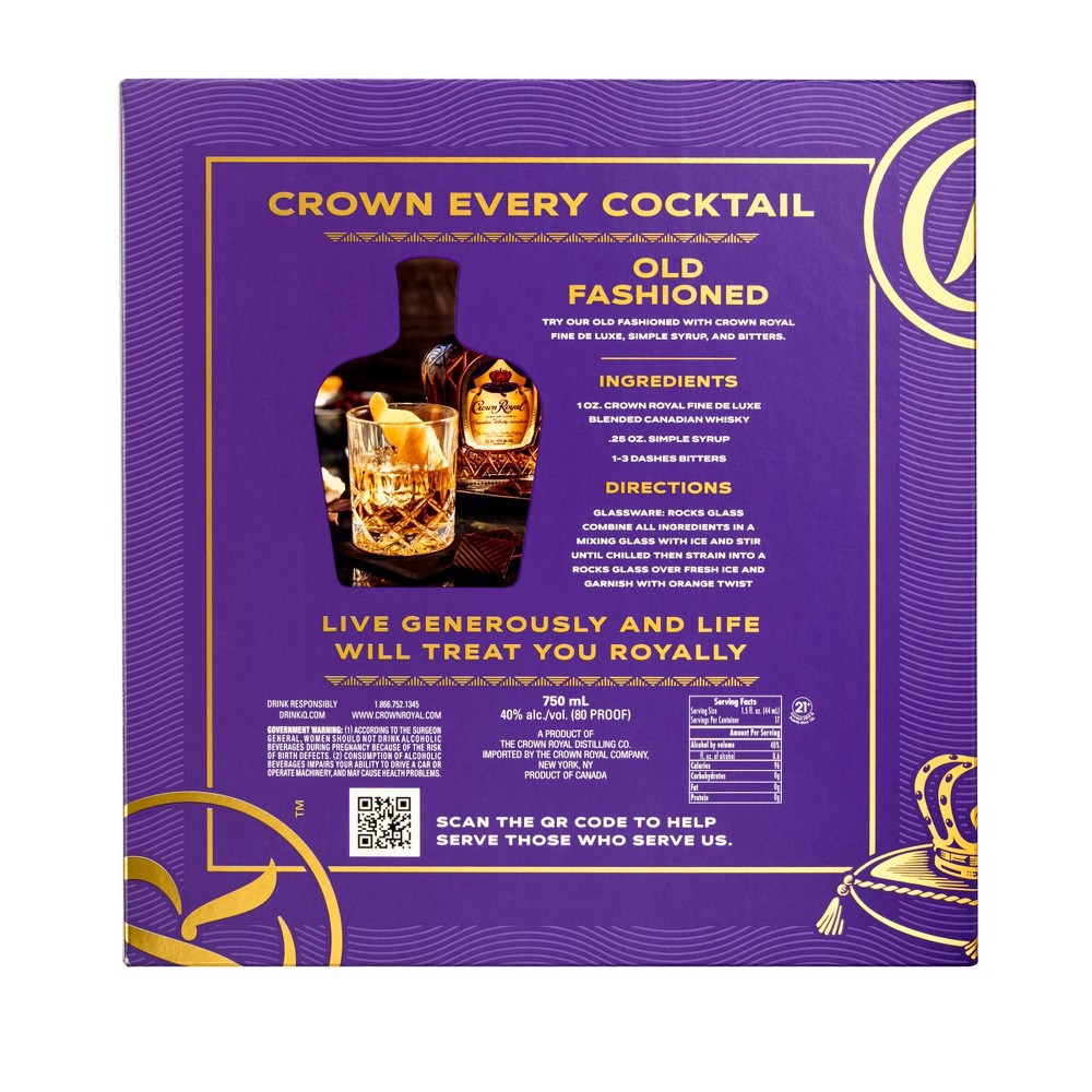 slide 4 of 4, Crown Royal Fine De Luxe Blended Canadian Whisky, 750 mL Bottle with Two Signature Rocks Glasses, 750 ml