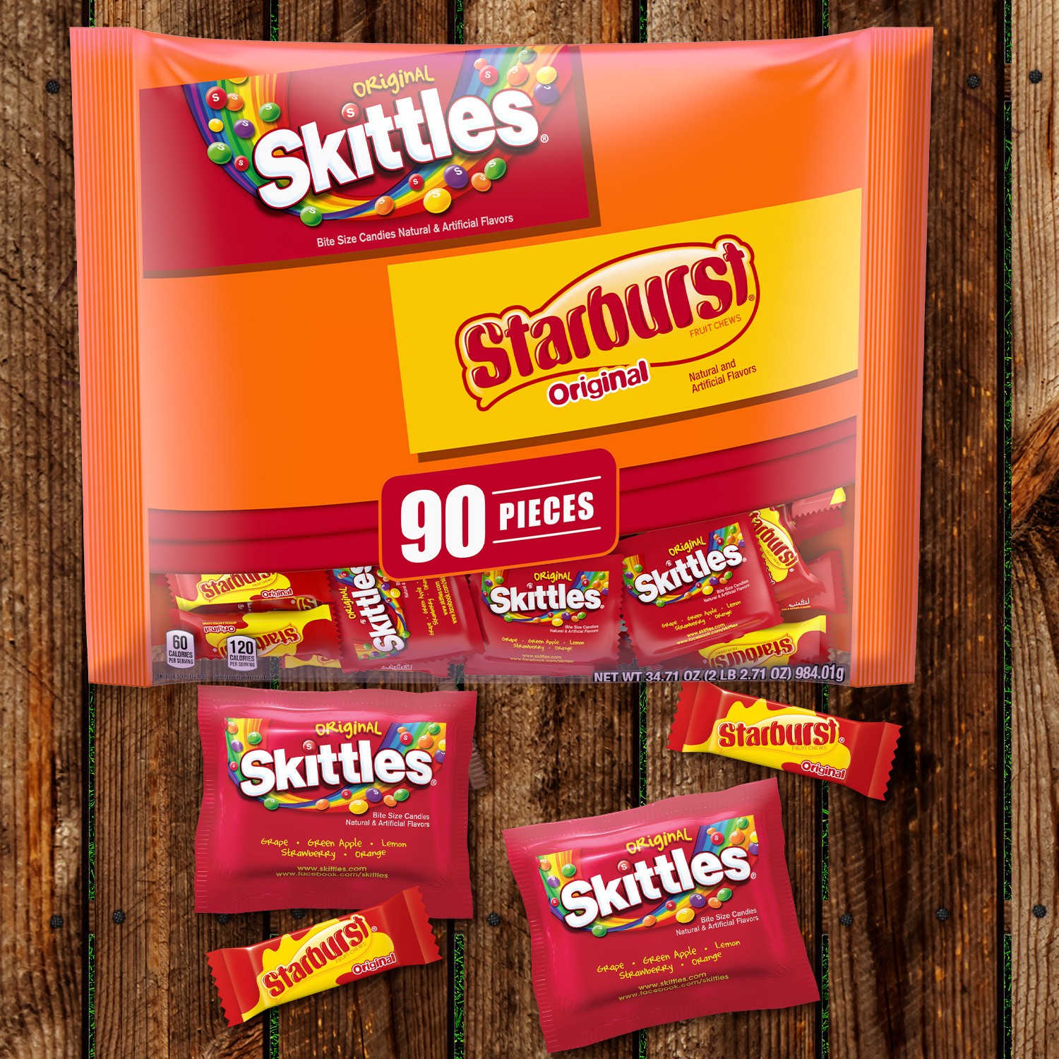 slide 2 of 5, Mixed SKITTLES Original & STARBURST Original Fruit Chews Fun Size Variety Pack, 34.71oz (90ct), 39.1 oz