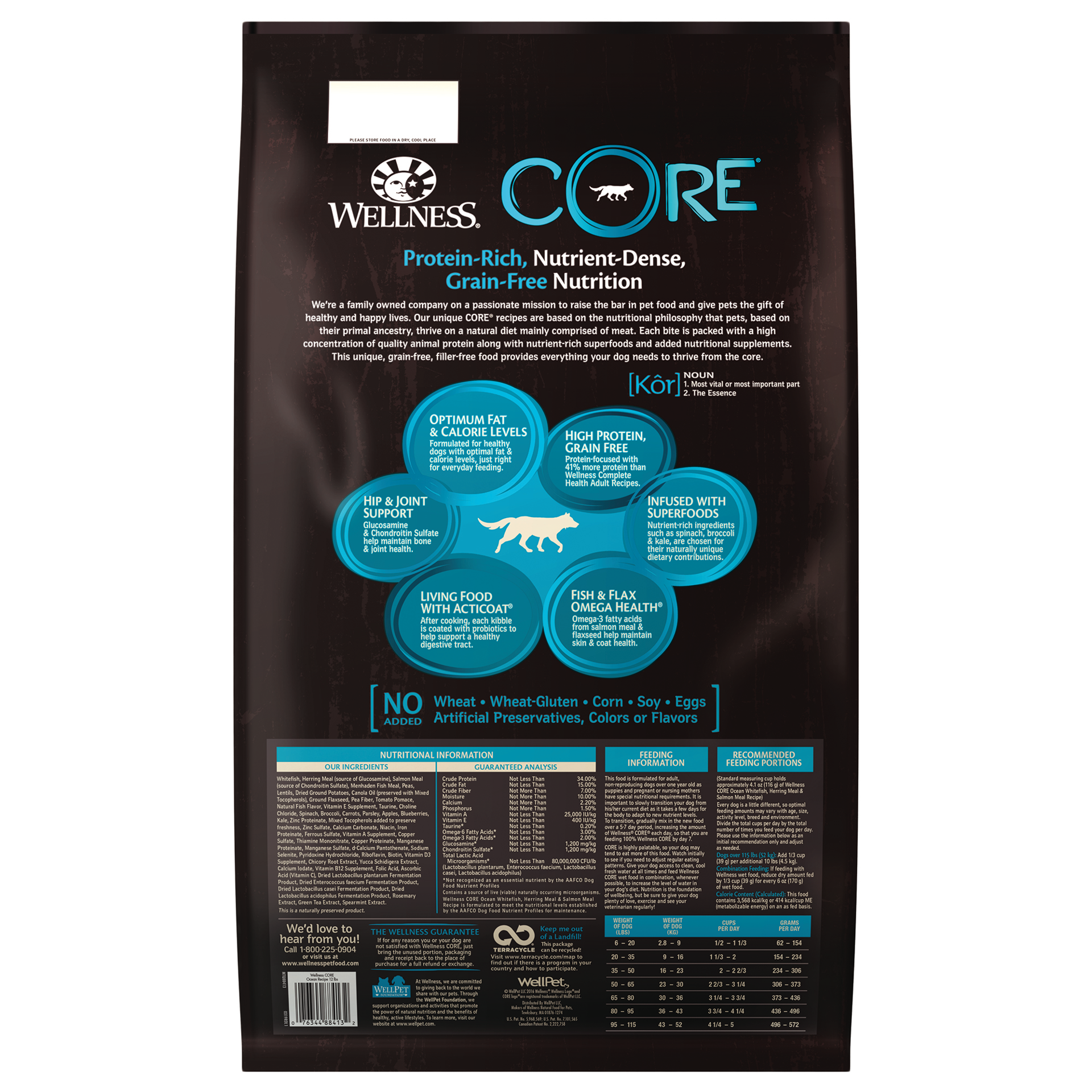 slide 4 of 5, Wellness CORE Natural Grain Free Dry Dog Food, Ocean Whitefish, Herring & Salmon, 12-Pound Bag, 12 lb