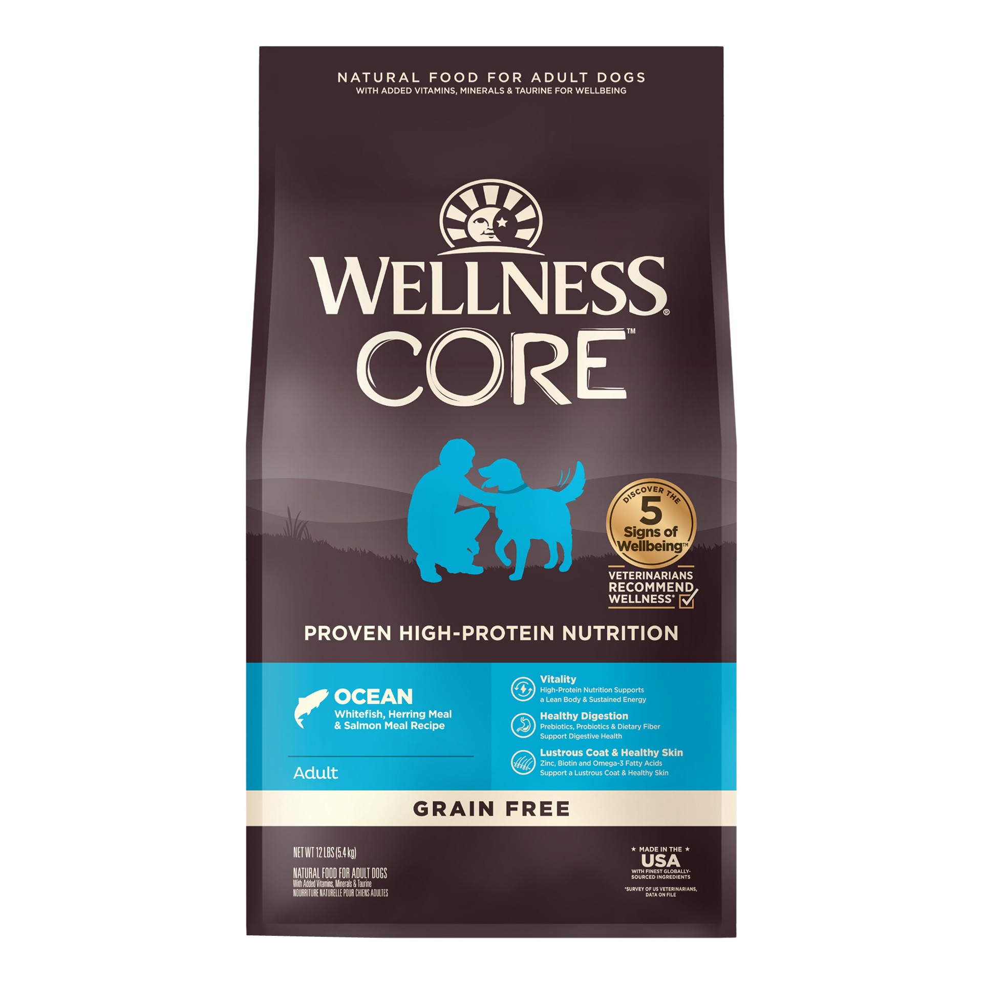 slide 1 of 5, Wellness CORE Natural Grain Free Dry Dog Food, Ocean Whitefish, Herring & Salmon, 12-Pound Bag, 12 lb