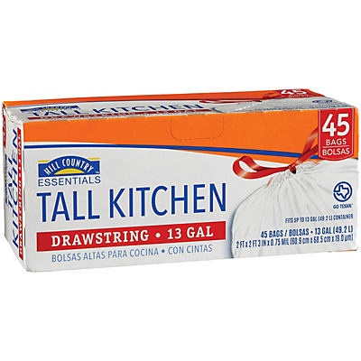 slide 1 of 1, Hill Country Fare Drawstring Tall Kitchen 13 Gallon Trash Bags, 45 ct