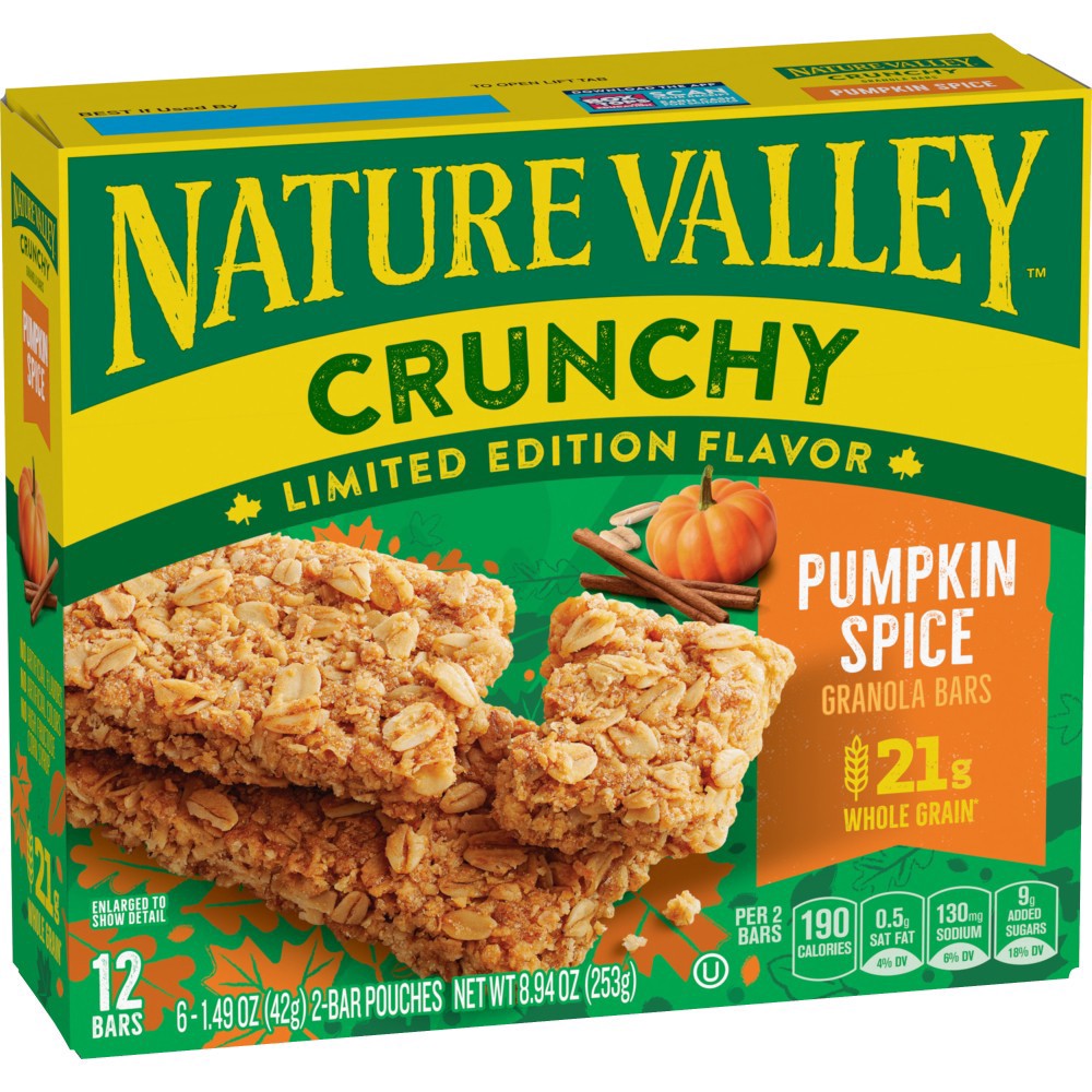 slide 2 of 6, Nature Valley Crunchy Granola Bars, Pumpkin Spice, Limited Edition Flavor, 12 Bars, 8.94 oz (6 Pouches), 6 ct