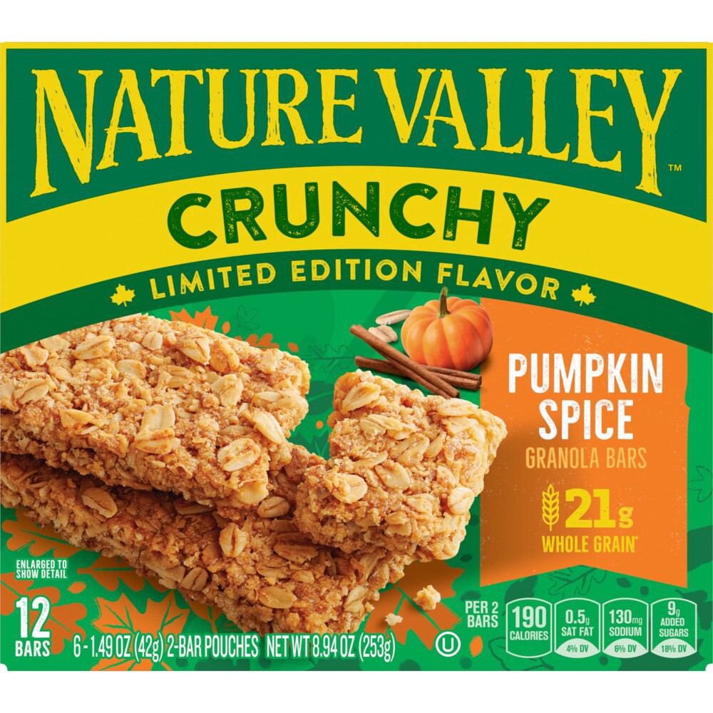 slide 6 of 6, Nature Valley Crunchy Granola Bars, Pumpkin Spice, Limited Edition Flavor, 12 Bars, 8.94 oz (6 Pouches), 6 ct