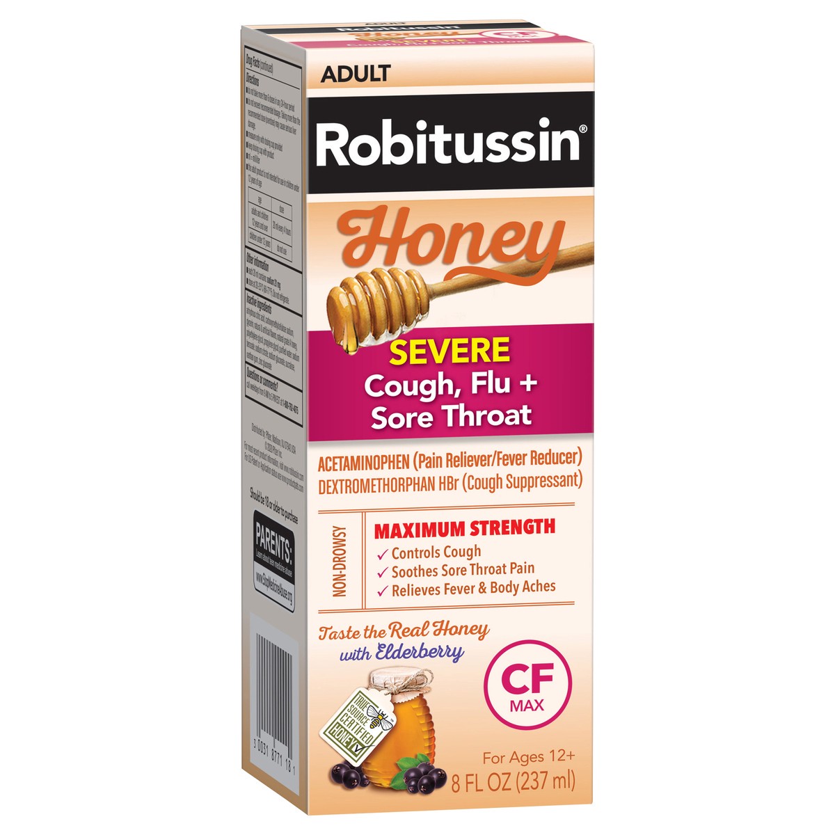 slide 2 of 9, Robitussin Honey CF Max Day Adult Syrup for Severe Cough, Sore Throat, & Flu with Real Honey, 8 oz, 8 oz