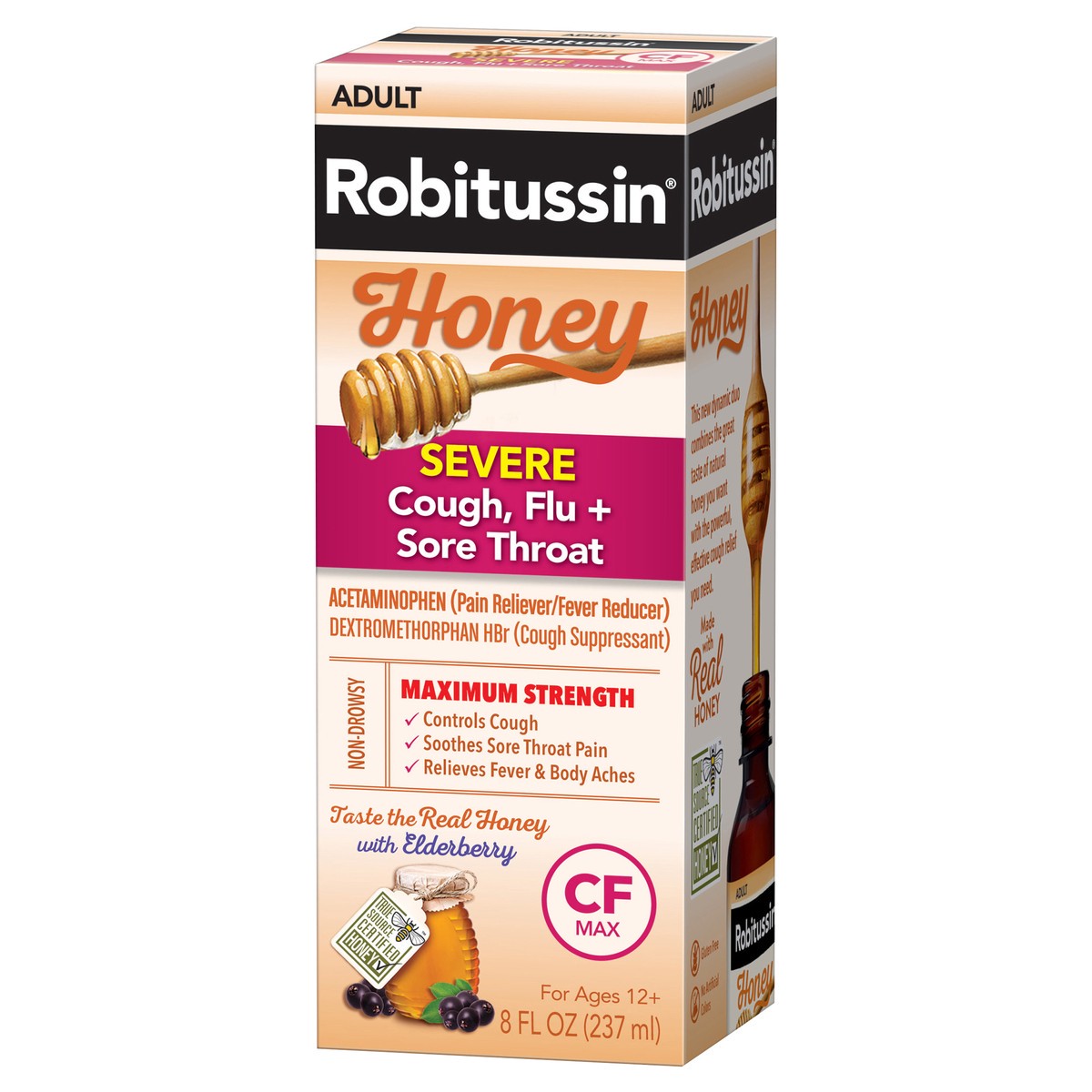 slide 3 of 9, Robitussin Honey CF Max Day Adult Syrup for Severe Cough, Sore Throat, & Flu with Real Honey, 8 oz, 8 oz