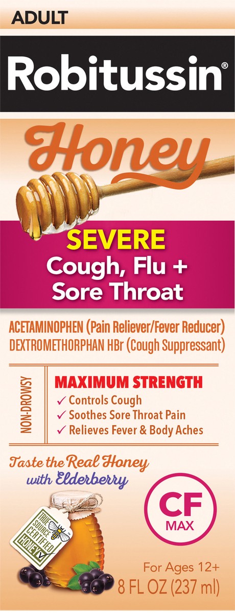 slide 6 of 9, Robitussin Honey CF Max Day Adult Syrup for Severe Cough, Sore Throat, & Flu with Real Honey, 8 oz, 8 oz