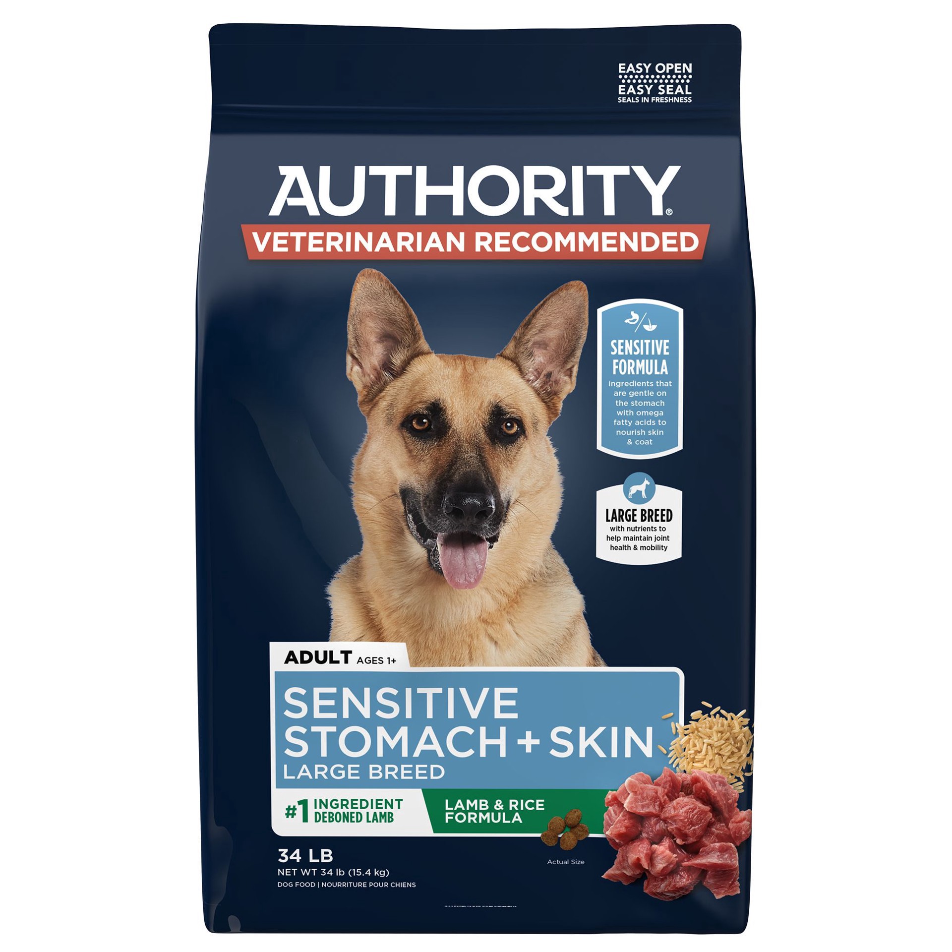 slide 1 of 1, Authority Sensitive Stomach & Skin Large Breed Adult Dog Dry Food - Lamb & Rice, 34 lb, 34 lb