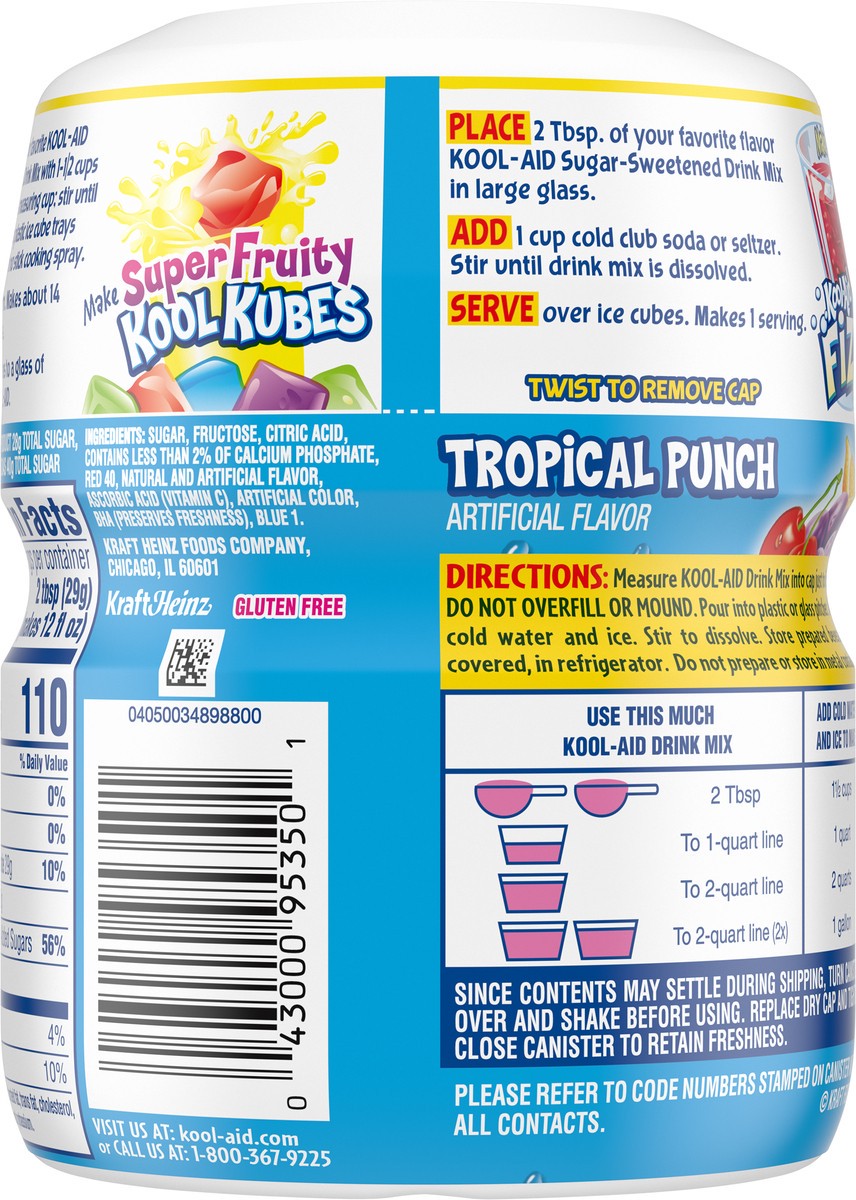 slide 3 of 9, Kool-Aid Sugar Sweetened Tropical Punch Artificially Flavored Powdered Drink Mix, 19 oz. Canister, 19 oz