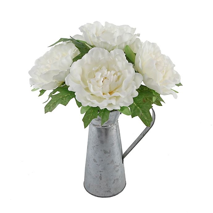 slide 1 of 4, Flora Bunda Artificial Peony Flowers with Tin Vase - White, 13 in