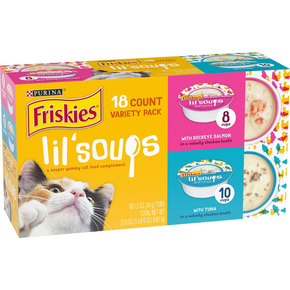 slide 8 of 9, Friskies Purina Friskies Grain Free Wet Cat Food Complement Variety Pack, Lil' Soups With Sockeye Salmon & Tuna in Broth, 1.35 lb