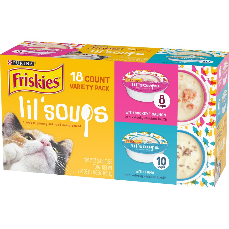 slide 2 of 9, Friskies Purina Friskies Grain Free Wet Cat Food Complement Variety Pack, Lil' Soups With Sockeye Salmon & Tuna in Broth, 1.35 lb