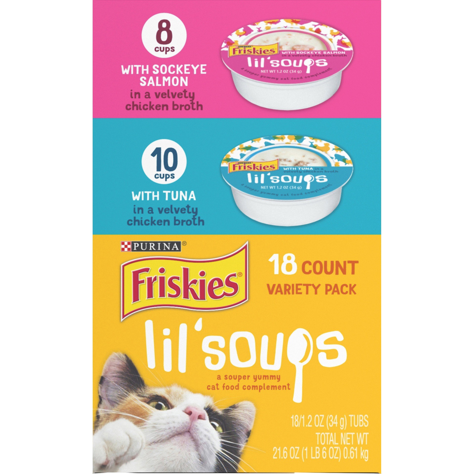 slide 3 of 9, Friskies Purina Friskies Grain Free Wet Cat Food Complement Variety Pack, Lil' Soups With Sockeye Salmon & Tuna in Broth, 1.35 lb