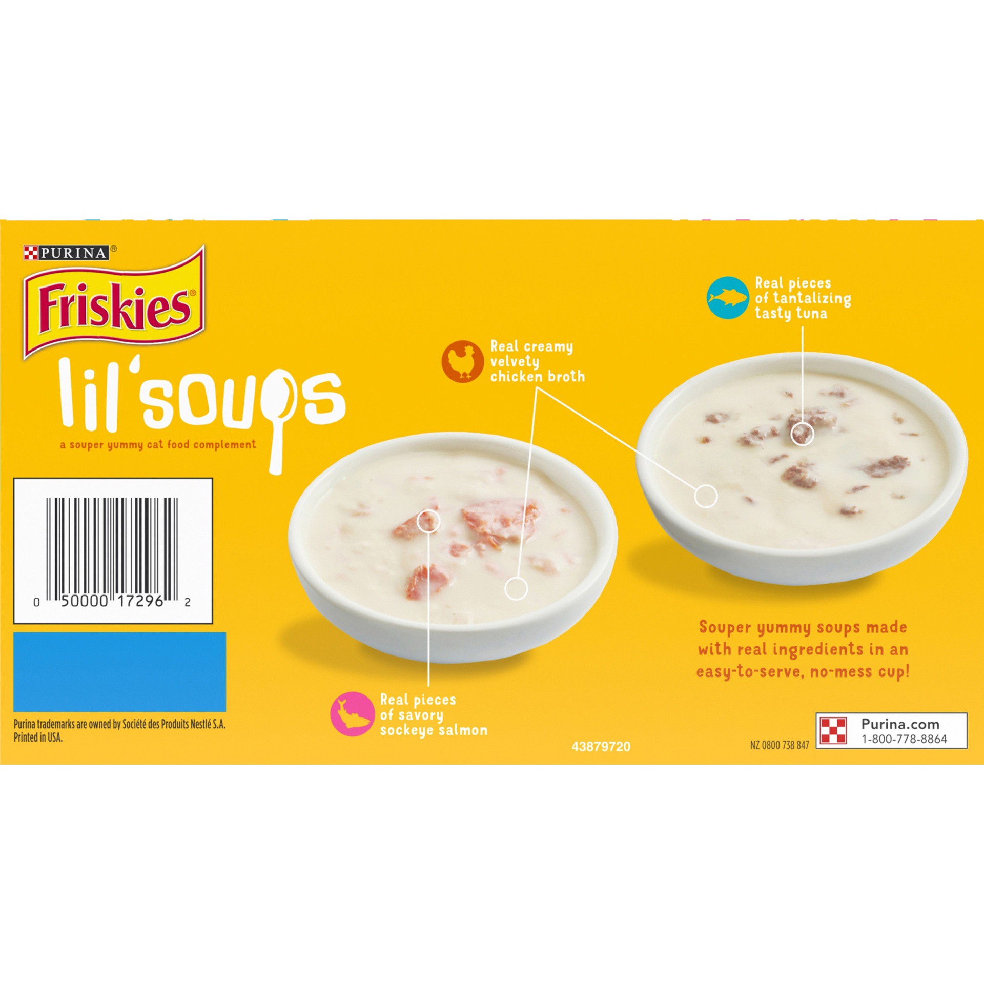 slide 9 of 9, Friskies Purina Friskies Grain Free Wet Cat Food Complement Variety Pack, Lil' Soups With Sockeye Salmon & Tuna in Broth, 1.35 lb