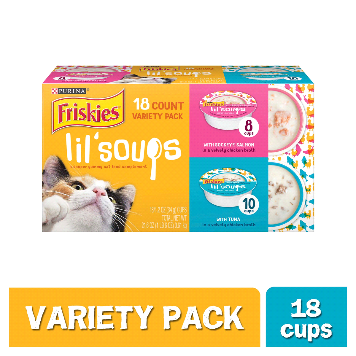 slide 1 of 2, Friskies Lil' Soups with Sockeye Salmon & Tuna Adult Wet Cat Food Complement Variety Pack, 18 ct; 1.2 oz