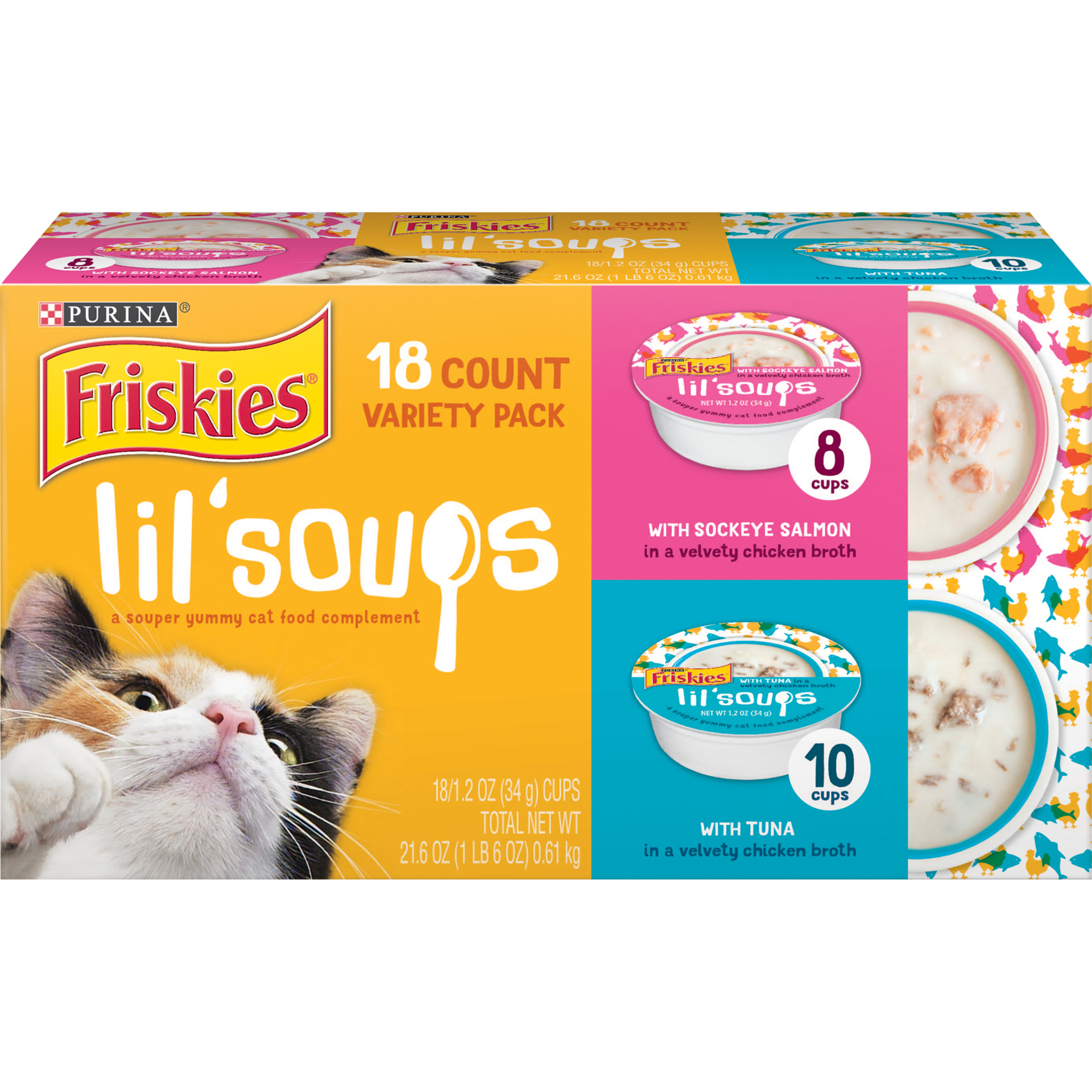 slide 1 of 9, Friskies Purina Friskies Grain Free Wet Cat Food Complement Variety Pack, Lil' Soups With Sockeye Salmon & Tuna in Broth, 1.35 lb