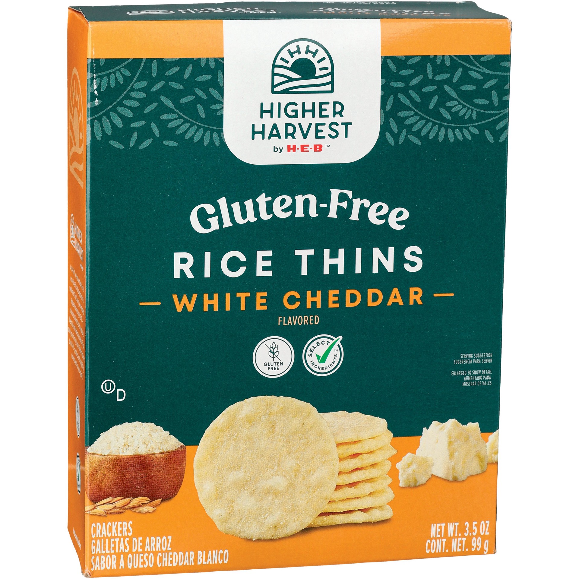 slide 1 of 1, Higher Harvest by H-E-B Gluten-Free Rice Thins – White Cheddar, 3.5 oz