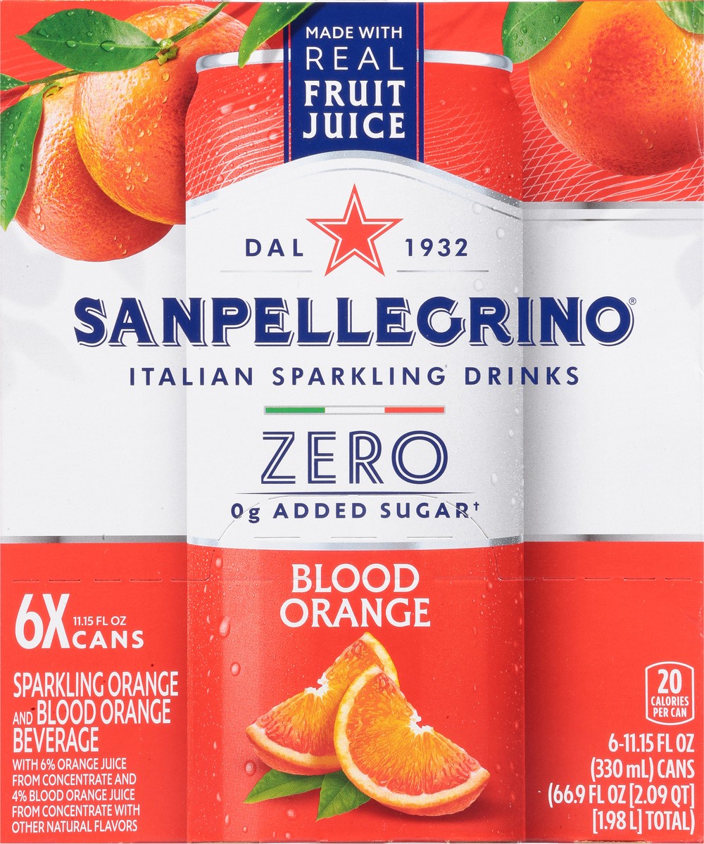 slide 5 of 16, SanPellegrino Zero Grams Added Sugar Italian Sparkling Drinks Blood Orange, Sparkling Orange and Blood Orange Beverage, 6 Pack of 11.15 Fl Oz Cans, 6 ct