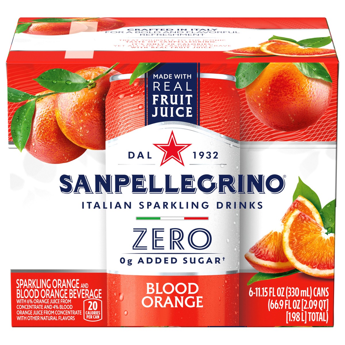 slide 1 of 16, SanPellegrino Zero Grams Added Sugar Italian Sparkling Drinks Blood Orange, Sparkling Orange and Blood Orange Beverage, 6 Pack of 11.15 Fl Oz Cans, 6 ct