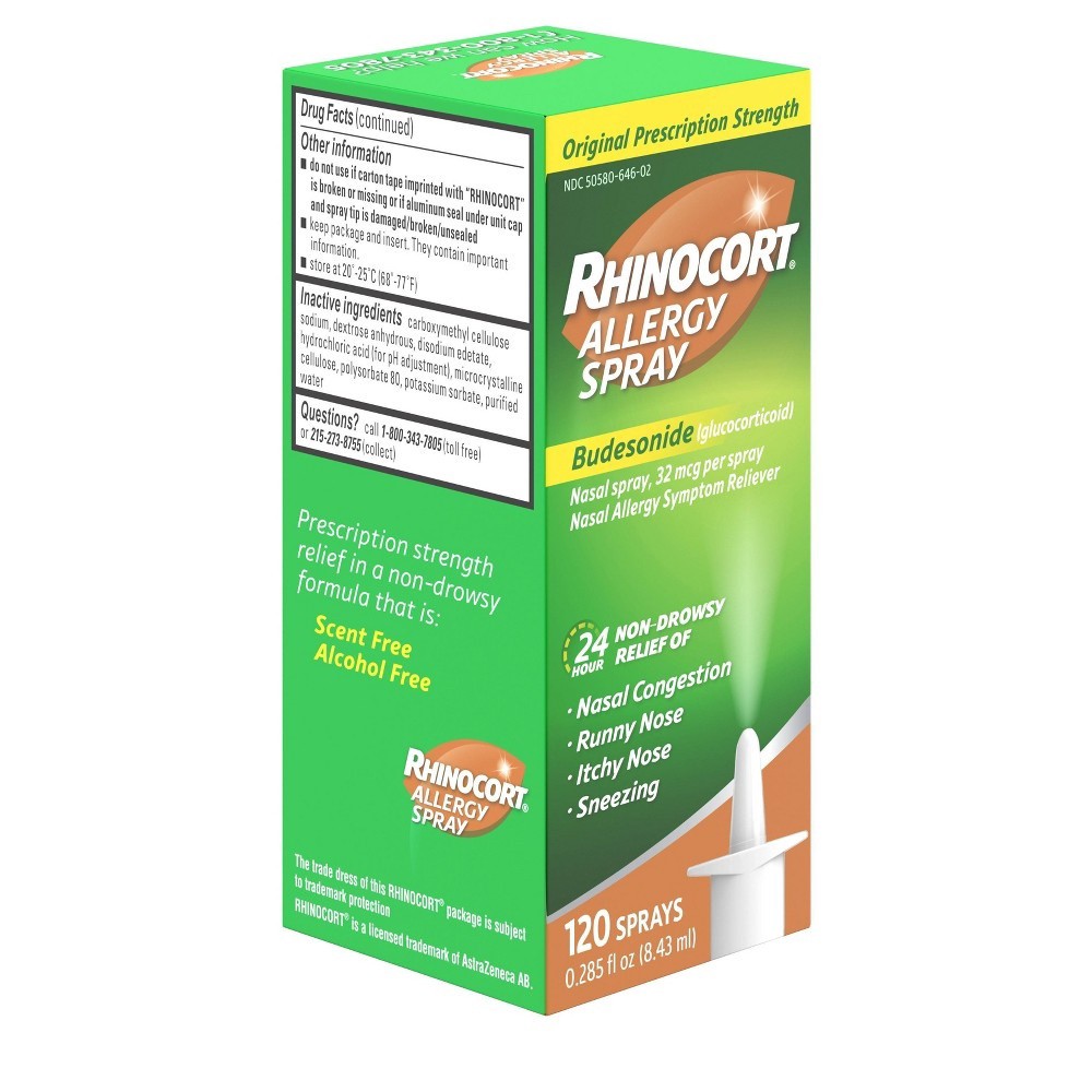 slide 2 of 8, Rhinocort Allergy Nasal Spray with Budesonide Allergy Medicine, Non-Drowsy 24 Hour Relief, Prescription Strength Indoor and Outdoor Allergy Relief, Scent-Free and Alcohol-Free, 120 Sprays, 0.285 fl oz