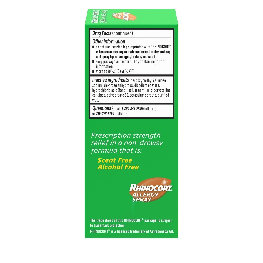 slide 3 of 8, Rhinocort Allergy Nasal Spray with Budesonide Allergy Medicine, Non-Drowsy 24 Hour Relief, Prescription Strength Indoor and Outdoor Allergy Relief, Scent-Free and Alcohol-Free, 120 Sprays, 0.285 fl oz