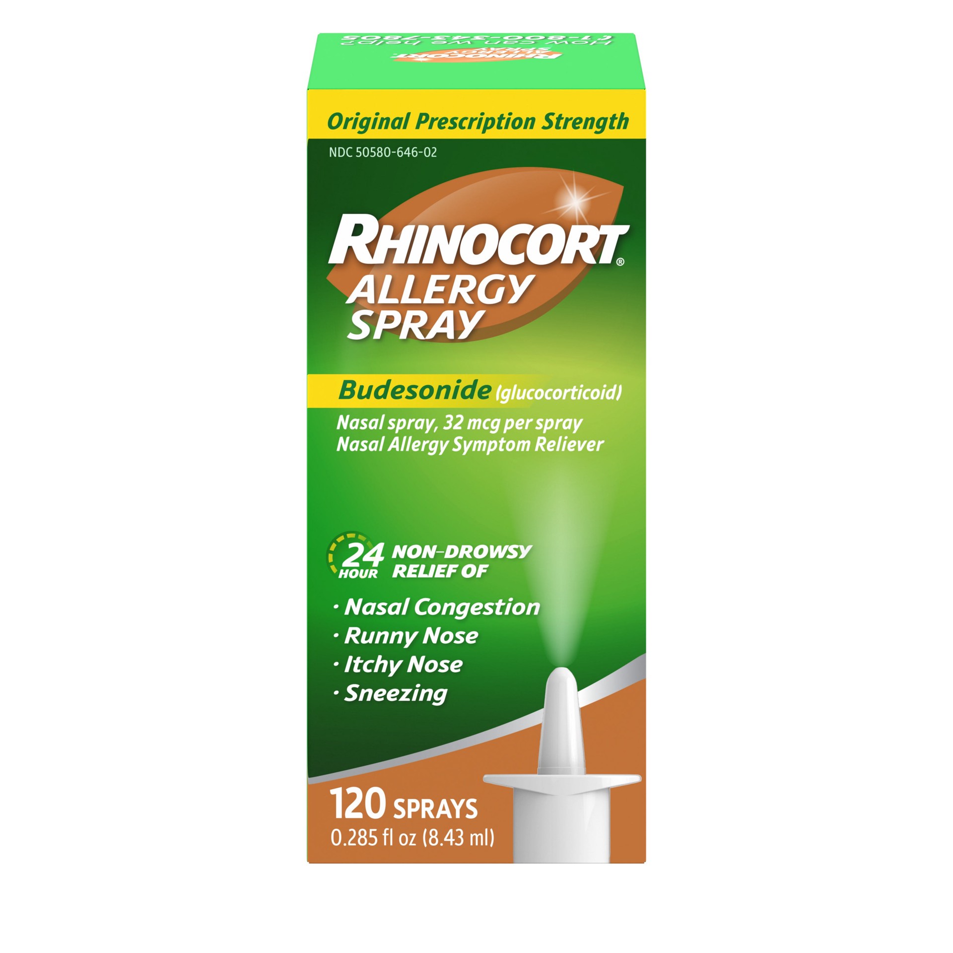 slide 1 of 8, Rhinocort Allergy Nasal Spray with Budesonide Allergy Medicine, Non-Drowsy 24 Hour Relief, Prescription Strength Indoor and Outdoor Allergy Relief, Scent-Free and Alcohol-Free, 120 Sprays, 0.285 fl oz