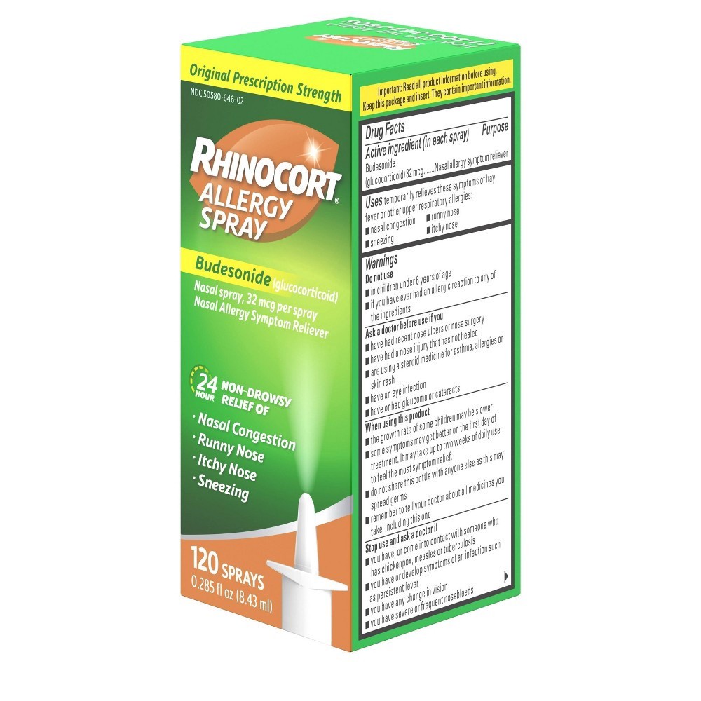 slide 8 of 8, Rhinocort Allergy Nasal Spray with Budesonide Allergy Medicine, Non-Drowsy 24 Hour Relief, Prescription Strength Indoor and Outdoor Allergy Relief, Scent-Free and Alcohol-Free, 120 Sprays, 0.285 fl oz