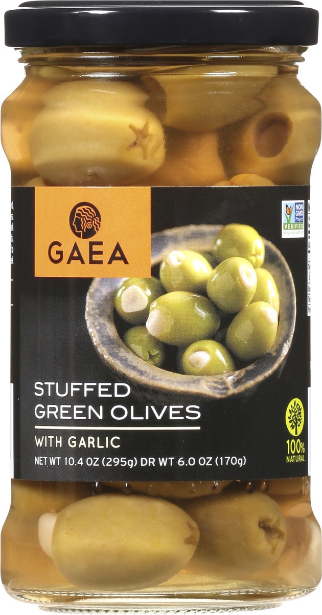 slide 6 of 9, Gaea Garlic Stuffed Green Olives, 6.2 oz