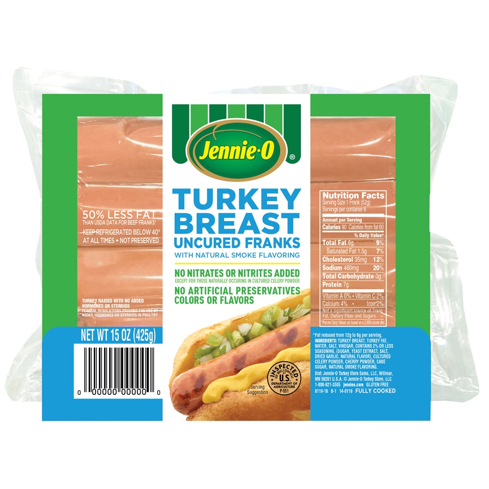 slide 1 of 1, Jennie-O Turkey Breast Uncured Franks, 15 oz