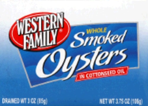 slide 1 of 1, Western Family Smoked Oysters, 3.75 oz