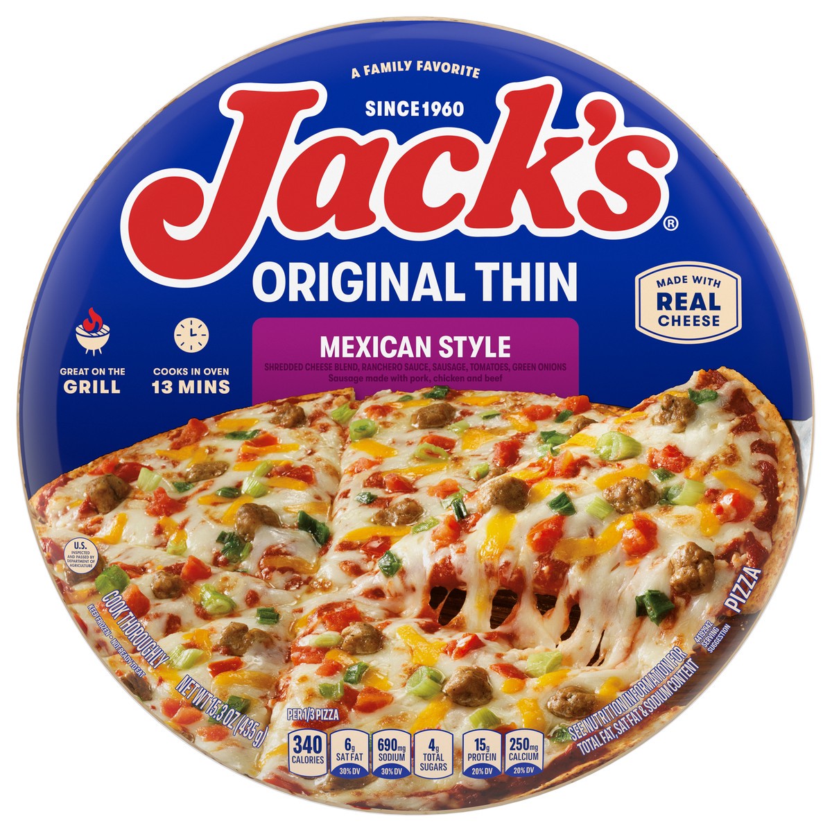 slide 1 of 12, Jack's Original Thin Crust Mexican Style Frozen Pizza, 15.38 oz