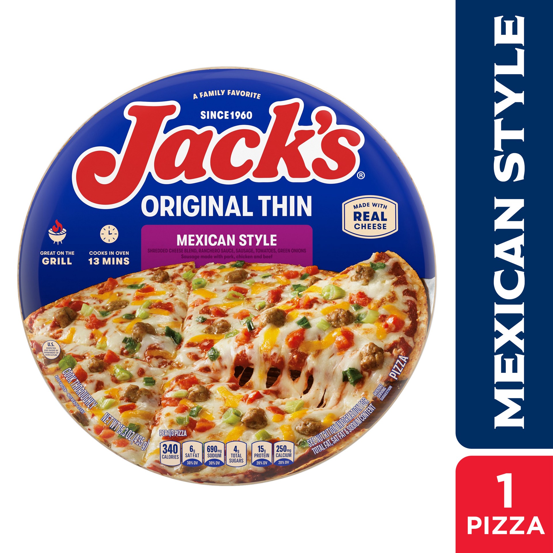 slide 1 of 12, Jack's Original Thin Crust Mexican Style Frozen Pizza, 15.38 oz