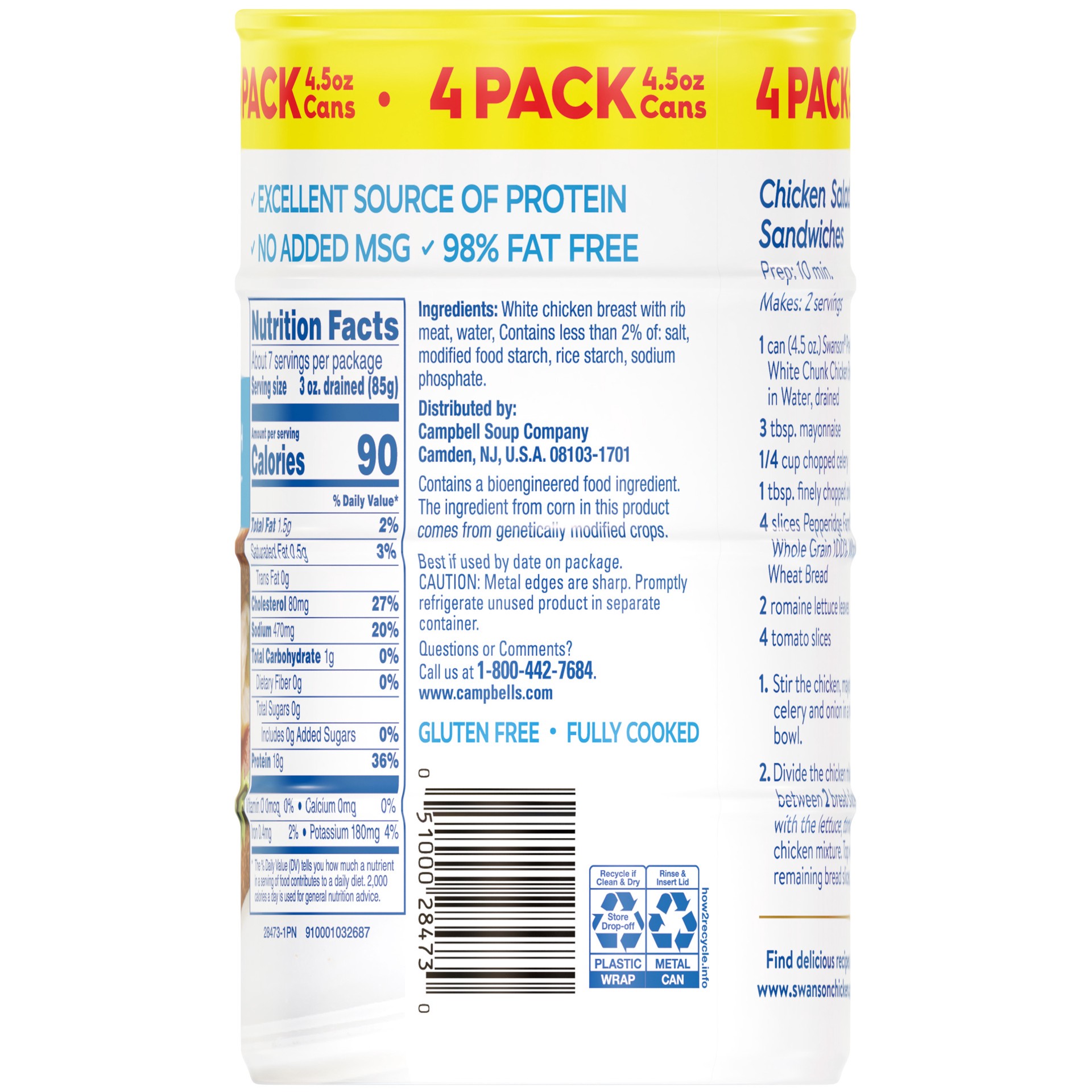 slide 2 of 5, Swanson White Premium Chunk Chicken Breast with Rib Meat in Water, 4.5 oz. (Pack of 4), 4 ct