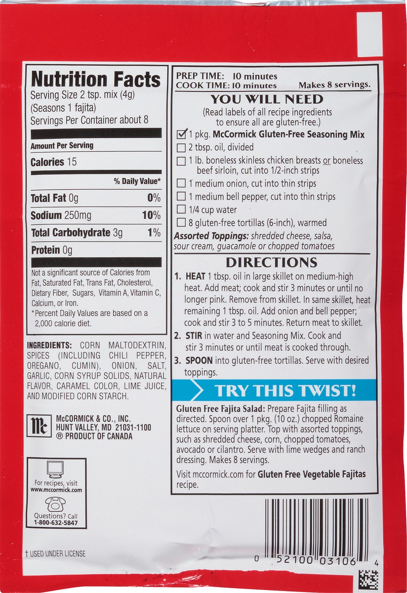 slide 8 of 8, McCormick Gluten Free Fajitas Seasoning, 1.12 oz