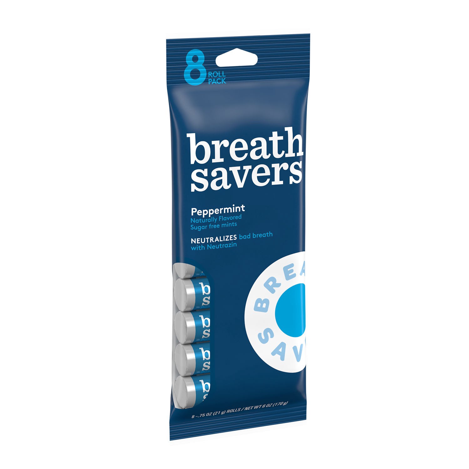 slide 1 of 9, Breath Savers Peppermint Flavored Sugar Free Breath Mints Rolls, 0.75 oz (8 Count), 0.75 oz