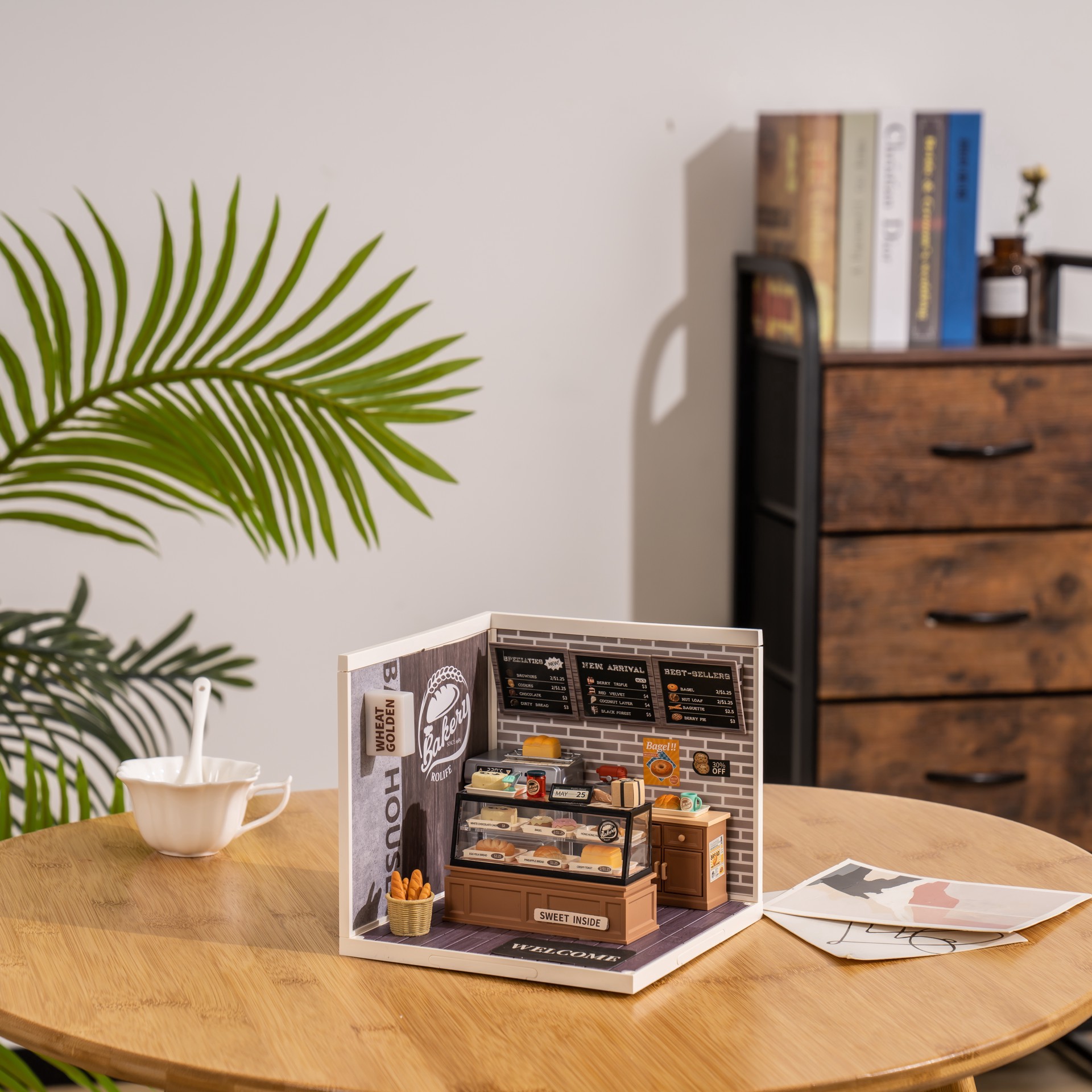 slide 4 of 8, Robotime Rolife Super Creator Golden Wheat Bakery, 5.98 in x 6.93 in x 6.42 in