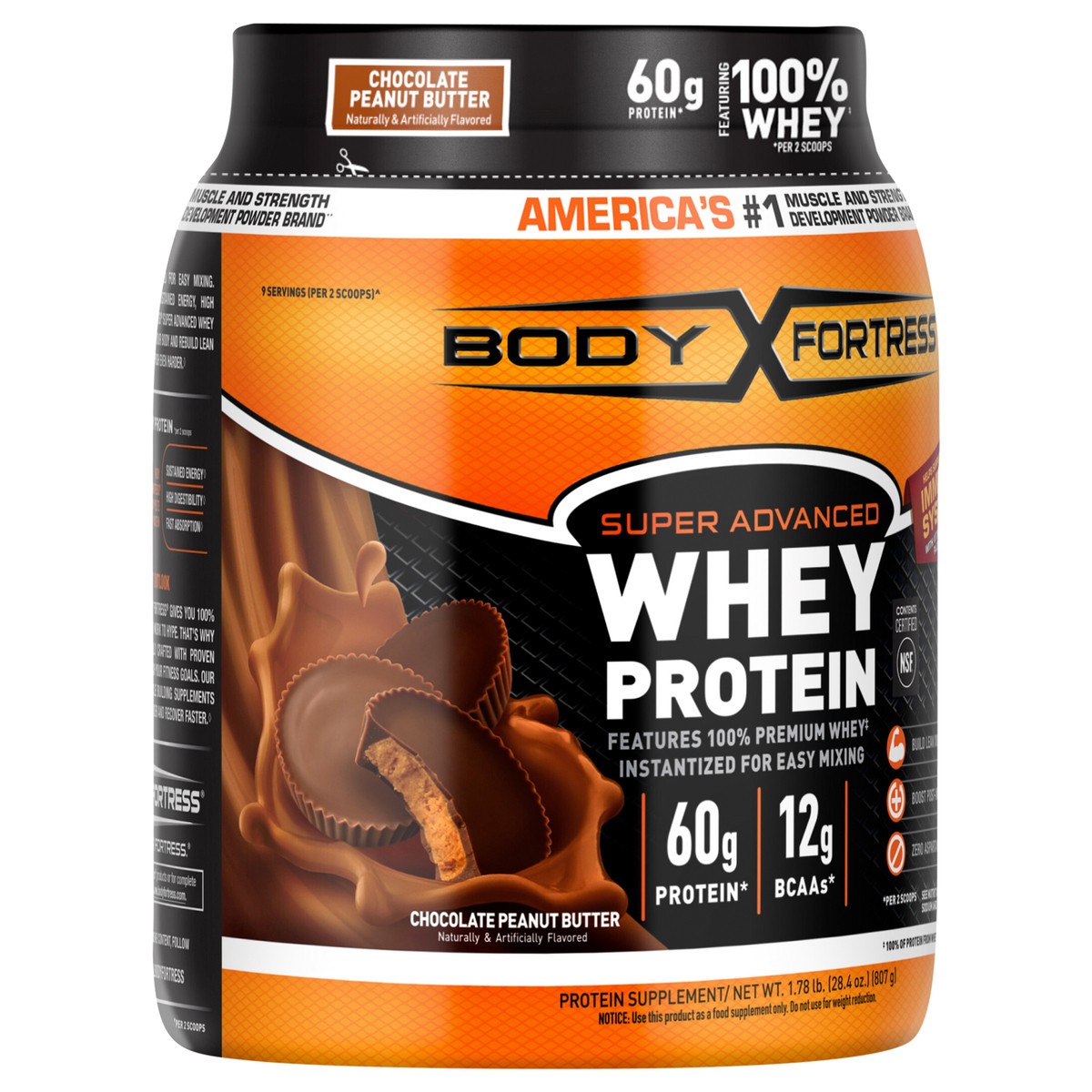 slide 4 of 11, Body Fortress Super Advanced 100% Premium Whey Protein Powder, Chocolate Peanut Butter, 60g Protein & 12g BCAAs Per 2 Scoops, Muscle Gain & Recovery, Immune Support with Vitamins C & D, 1.78lbs (Packaging May Vary), 1.78 lb
