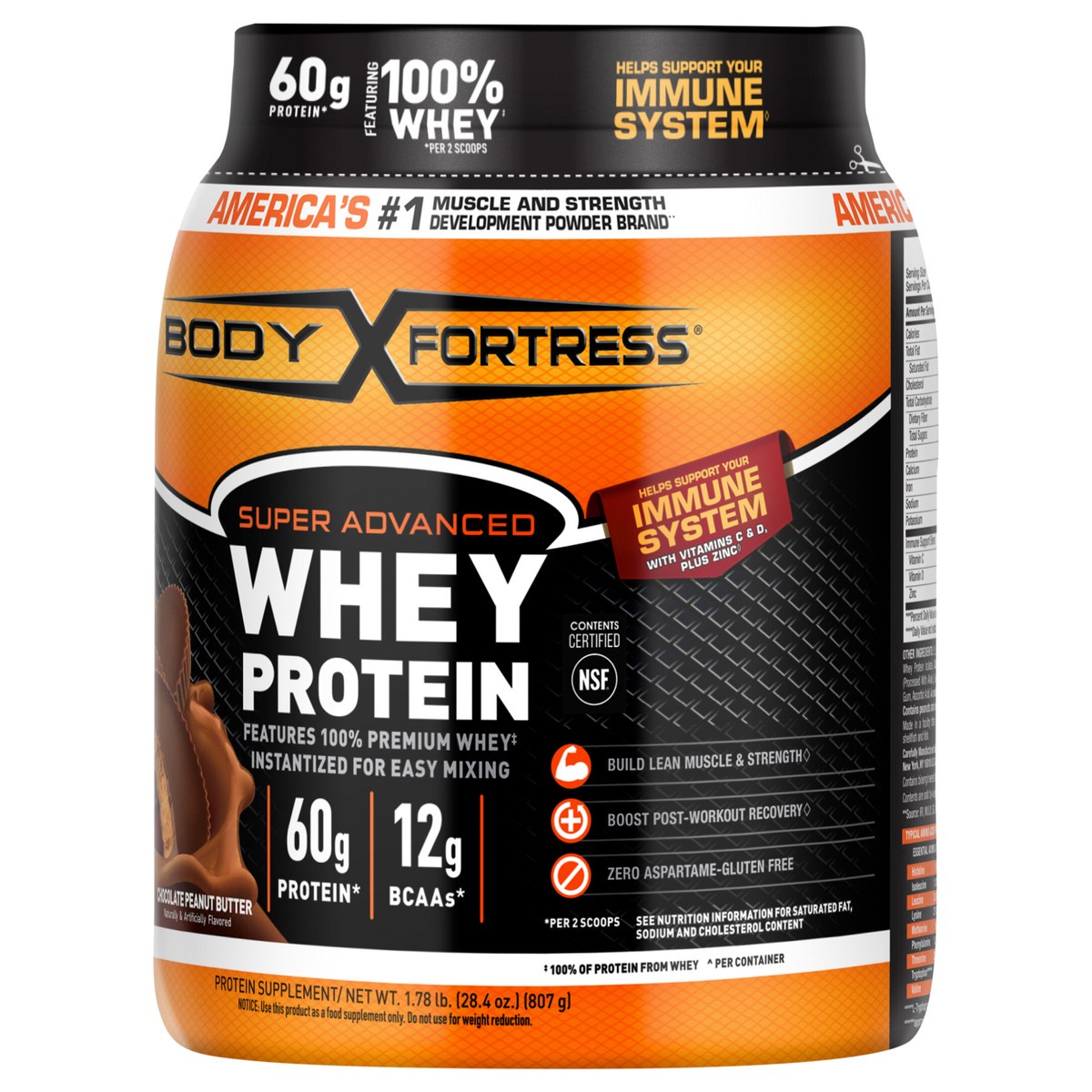 slide 5 of 11, Body Fortress Super Advanced 100% Premium Whey Protein Powder, Chocolate Peanut Butter, 60g Protein & 12g BCAAs Per 2 Scoops, Muscle Gain & Recovery, Immune Support with Vitamins C & D, 1.78lbs (Packaging May Vary), 1.78 lb