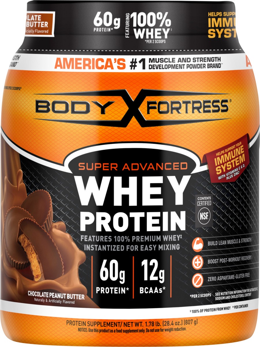 slide 10 of 11, Body Fortress Super Advanced 100% Premium Whey Protein Powder, Chocolate Peanut Butter, 60g Protein & 12g BCAAs Per 2 Scoops, Muscle Gain & Recovery, Immune Support with Vitamins C & D, 1.78lbs (Packaging May Vary), 1.78 lb