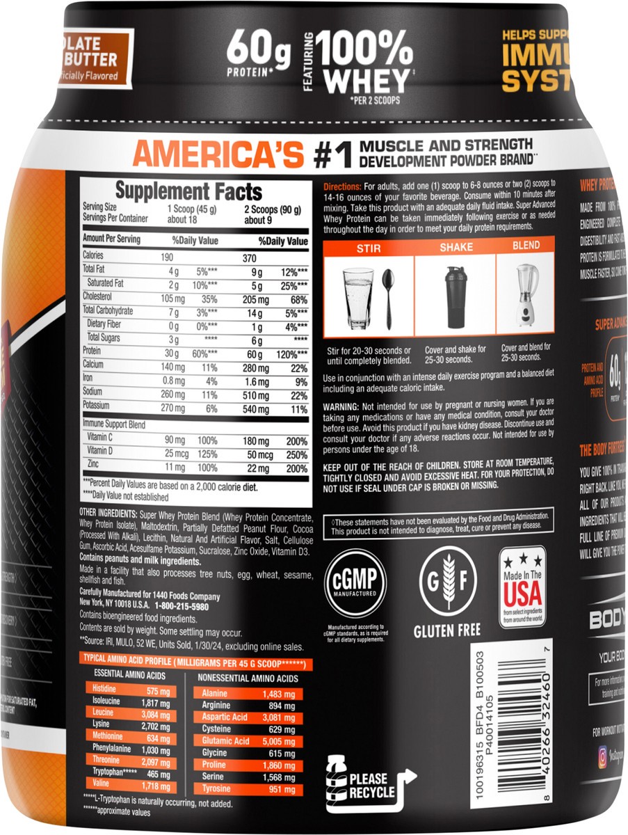 slide 7 of 11, Body Fortress Super Advanced 100% Premium Whey Protein Powder, Chocolate Peanut Butter, 60g Protein & 12g BCAAs Per 2 Scoops, Muscle Gain & Recovery, Immune Support with Vitamins C & D, 1.78lbs (Packaging May Vary), 1.78 lb