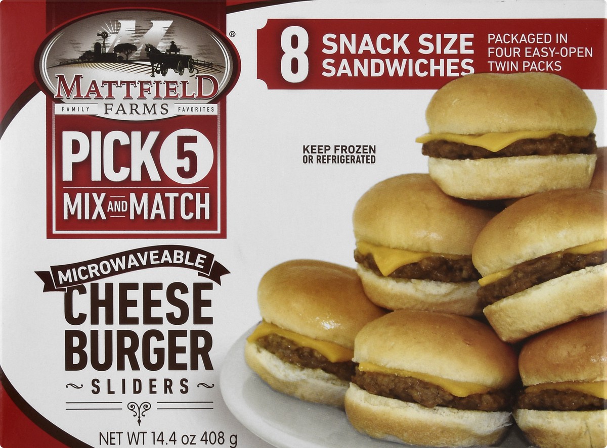 slide 2 of 13, Mattfield Farms Snack Size Microwaveable Cheese Burger Sliders 8 ea, 14.4 oz