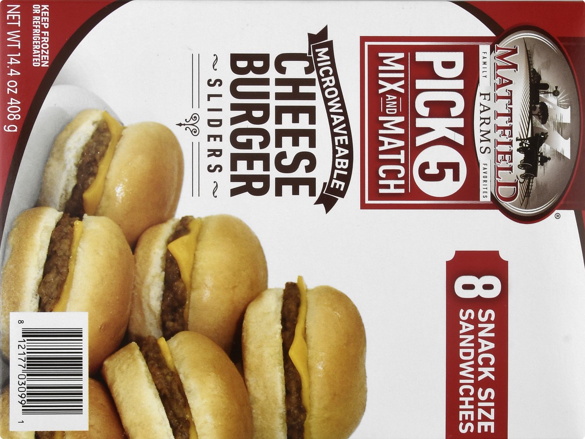 slide 4 of 13, Mattfield Farms Snack Size Microwaveable Cheese Burger Sliders 8 ea, 14.4 oz