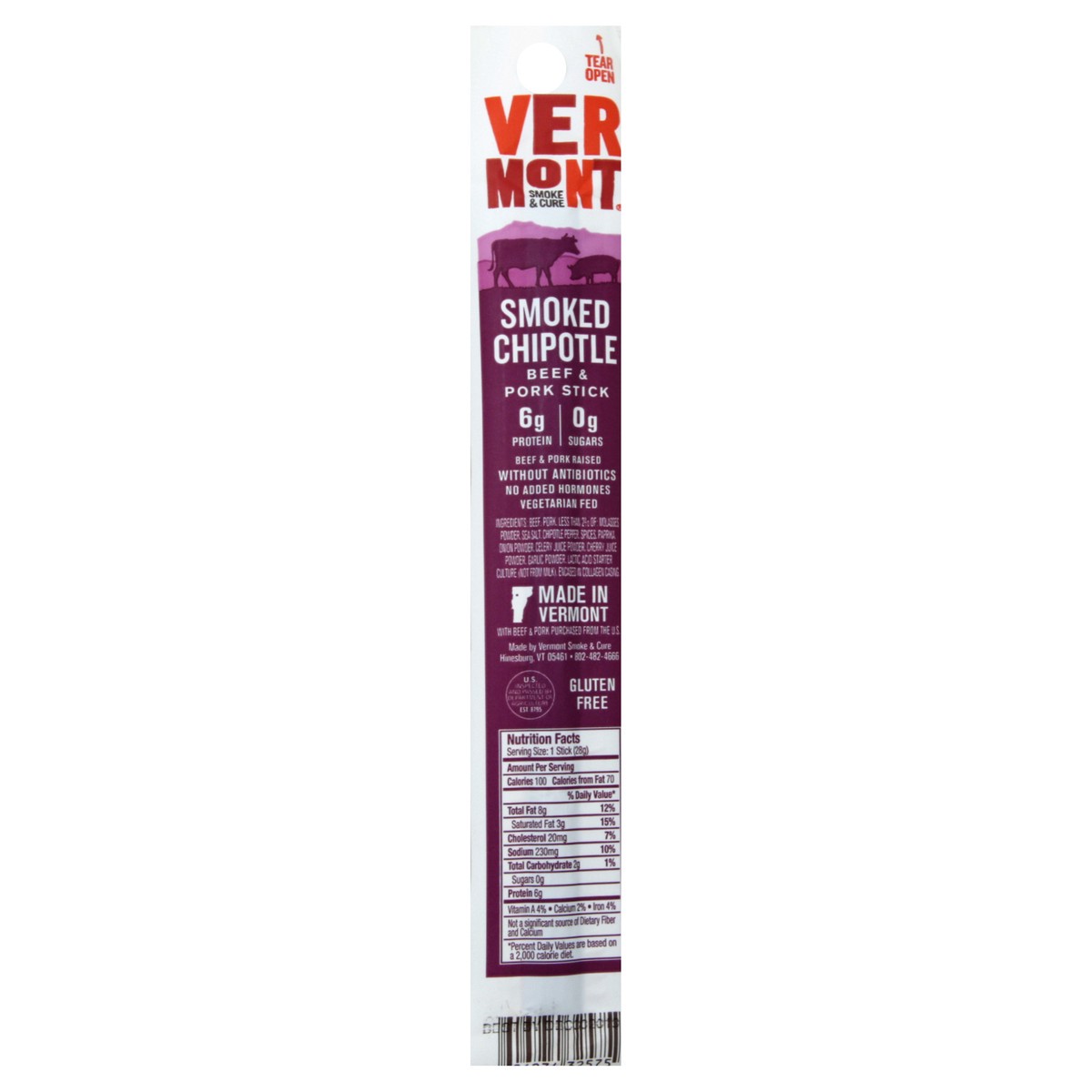 slide 2 of 9, Vermont Smoke & Cure Chipotle Beef Pork Jerky Stick, 1 oz