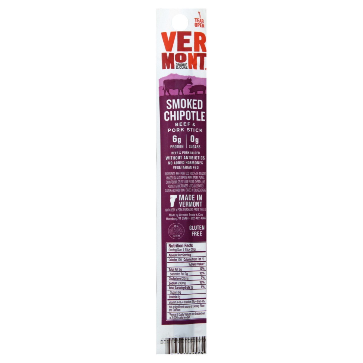 slide 3 of 9, Vermont Smoke & Cure Chipotle Beef Pork Jerky Stick, 1 oz