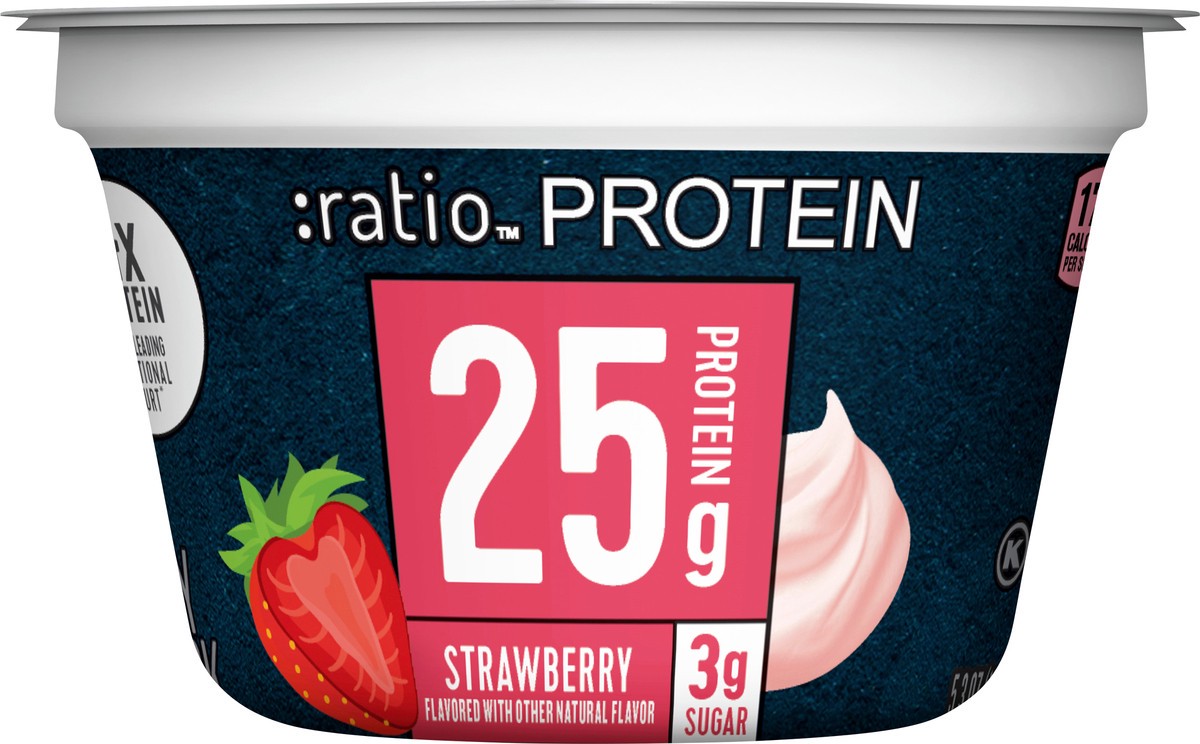 slide 9 of 9, :ratio Yogurt Protein Cultured Dairy Snack, Strawberry, 25g Protein, 5.3 OZ, 5.3 oz