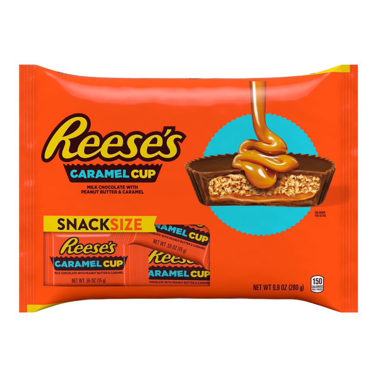 slide 1 of 9, Reese's Caramel Milk Chocolate Snack Size Peanut Butter Cups, Candy Bag, 9.9 oz, 9.90 oz