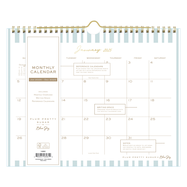 slide 2 of 2, 2025 Blue Sky Monthly Wall Calendar, 11"" X 8-3/4"", Soft Blue Asymmetrical Vertical Stripes, January 2025 To December 2025, 148981, 1 ct