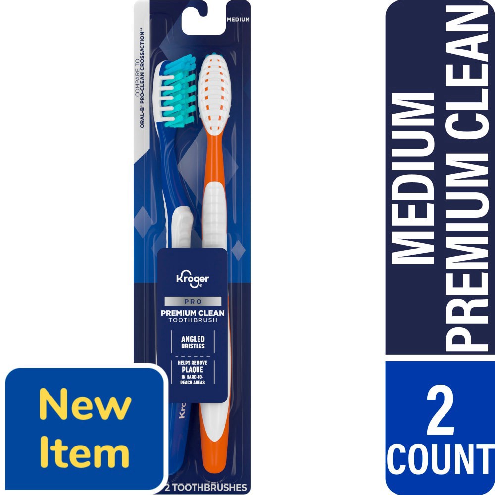 slide 1 of 1, Kroger® Pro Premium Clean Toothbrush with Medium Bristles, 2 ct