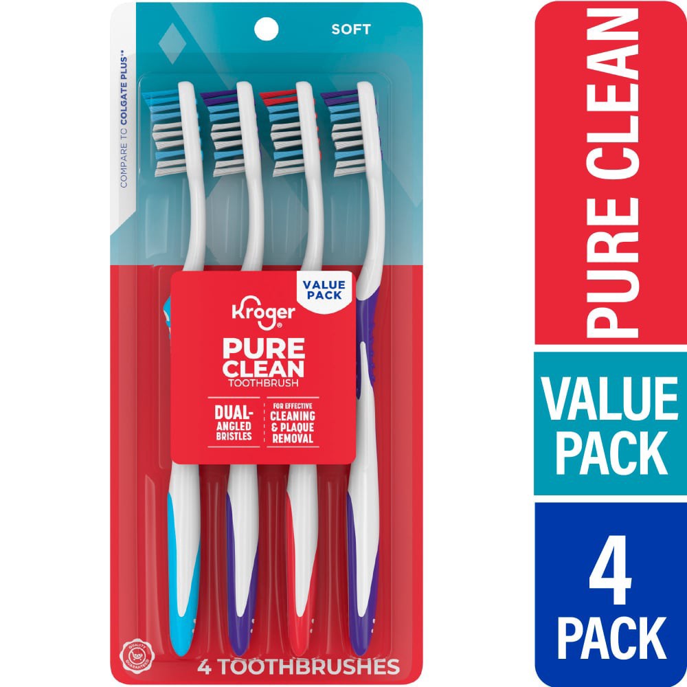 slide 1 of 1, Kroger® Pure Clean Toothbrush with Soft Bristles Value Pack, 4 ct