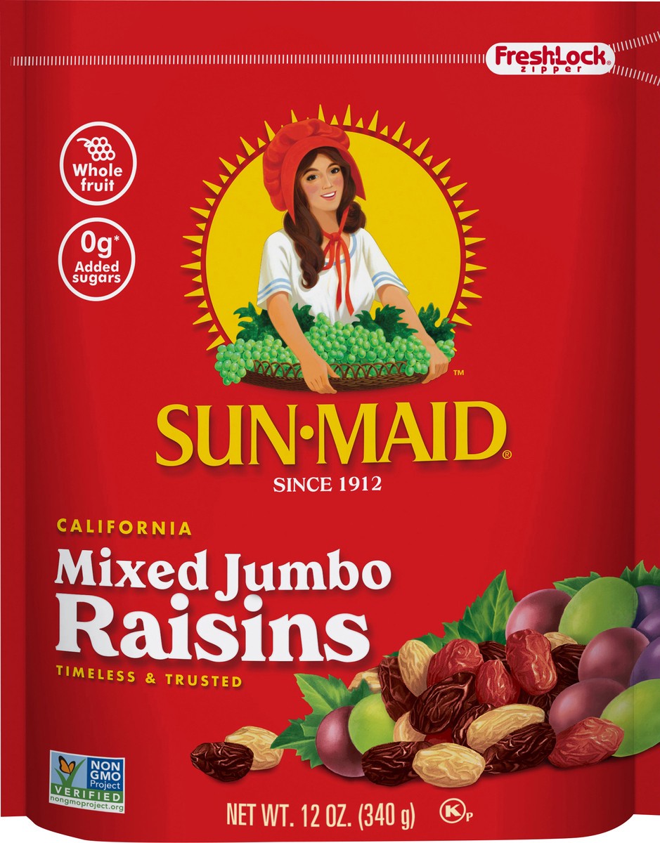 slide 2 of 3, Sun-Maid California Mixed Jumbo Raisins Resealable Stand-up 12oz Bag, 12 oz